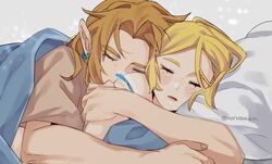  1boy bed_sheet blonde_hair blush brown_hair brown_shirt closed_eyes commentary cuddling ear_piercing english_commentary female hanaberin highres hug hug_from_behind link long_hair lying on_bed piercing pillow pointy_ears princess_zelda shirt short_hair short_sleeves sleeping straight the_legend_of_zelda the_legend_of_zelda:_breath_of_the_wild twitter_username 