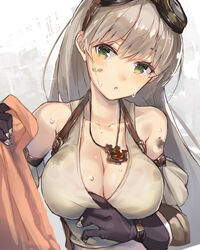  :o bare_shoulders black_gloves blush breasts cleavage collarbone commentary_request cruel_gz dirty dirty_clothes dirty_face female glint gloves goggles goggles_on_head green_eyes grey_hair head_tilt highres holding holding_towel jewelry large_breasts long_hair looking_at_viewer necklace parted_lips pendant sennen_sensou_aigis solo sparkle tank_top towel upper_body very_long_hair wendy_(sennen_sensou_aigis) 