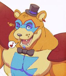  2021 animatronic anthro bear bow_tie clothing dialogue_box ear_piercing ear_ring eyebrows five_nights_at_freddy&#039;s five_nights_at_freddy&#039;s:_security_breach fur glamrock_freddy glistening glistening_eyes half-length_portrait hat headgear headwear heart_musical_note heart_symbol icon looking_at_viewer machine male mammal markings muscular muscular_anthro muscular_male musical_note nipples one_eye_closed open_mouth open_smile pecs pictographics piercing portrait ring_piercing robot rounded_star_polygon sam_scribbles scottgames shoulder_pads simple_background smile solo speech_bubble star star_polygon star_reaction star_symbol star_wink steel_wool_studios teeth tongue top_hat tuft white_background wink 