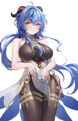  ahoge bare_arms bare_shoulders bell black_legwear blue_hair blush bodystocking breasts closed_mouth clothes_lift commentary cowboy_shot embarrassed female flower_knot ganyu_(genshin_impact) genshin_impact gold_trim highres holding impossible_clothes large_breasts lifting_own_clothes loincloth_lift long_hair looking_at_viewer low_ponytail natsugou_shinogi neck_bell no_gloves red_eyes red_ribbon ribbon simple_background sleeveless solo standing tassel thighlet thighs very_long_hair vision_(genshin_impact) white_background 