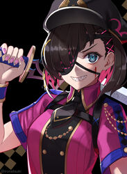  bad_id bad_pixiv_id black_hair black_hat blush breasts dress eyepatch fate/grand_order fate_(series) female grey_eyes grin hair_over_one_eye hat highres ironatsuki katana looking_at_viewer medium_breasts mysterious_ranmaru_x_(fate) peaked_cap purple_dress sharp_teeth short_hair short_sleeves smile solo sword teeth weapon wrist_cuffs 