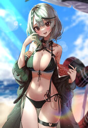  :d bare_shoulders beach bikini blush braid breasts choker cleavage ear_piercing earrings female finger_to_mouth highres hololive jacket jacket_partially_removed jewelry large_breasts looking_at_viewer multicolored_hair navel open_mouth osechi_(pixiv56606477) outdoors piercing puffy_sleeves rainbow red_eyes sakamata_chloe side-tie_bikini_bottom smile streaked_hair sunlight swimsuit thick_thighs thigh_gap thigh_strap thighs virtual_youtuber water white_hair 