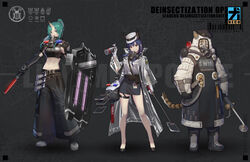  3girls absurdres airhorn alternate_costume animal_ears arknights arm_scarf ballistic_shield belt belt_pouch black_belt black_hat black_shorts ch&#039;en_(arknights) clothes_around_waist commentary_request dark_background dragon dragon_girl dragon_horns dragon_tail eyewear_hang flyswatter full_body gas_mask hat highres holding holding_shield horns hoshiguma_(arknights) id_card jacket jacket_around_waist jewelry lanyaojun mask midriff multiple_girls multiple_rings multiple_swords photoshop_(medium) police_hat pouch respirator ring sam_browne_belt shield shin_guards shirt shirt_around_waist shirt_tucked_in shorts single_horn skin-covered_horns standing swire_(arknights) tail tiger_ears tiger_tail two-tone_hat unworn_eyewear walkie-talkie white_hat white_shirt 