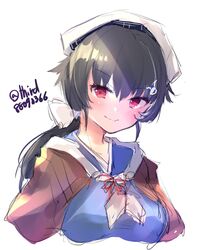  bandana black_hair blue_serafuku breasts commentary_request female hair_flaps hair_ornament hairclip headgear highres jingei_(kancolle) kantai_collection large_breasts long_hair looking_at_viewer low_ponytail neckerchief o-sirius red_eyes school_uniform serafuku shawl simple_background solo twitter_username upper_body white_background white_neckerchief 