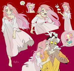  1boy absurdres arm_hair barefoot breasts chest_hair colored_sclera discord_(my_little_pony) dress envelope female fluttershy_(mlp) highres long_hair multicolored_hair my_little_pony my_little_pony:_friendship_is_magic nightgown off_shoulder pale_skin pelma personification pink_hair pointy_ears rabbit red_background red_eyes shirt streaked_hair vampire very_long_hair white_dress white_nightgown yellow_sclera yellow_shirt 