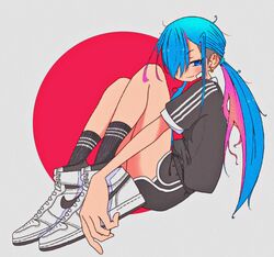  air_jordan air_jordan_1 bandaid bandaid_on_cheek bandaid_on_face black_shirt black_shorts black_socks blue_eyes blue_hair blush circle closed_mouth earrings female from_side full_body hair_over_one_eye highres jewelry knees_up long_bangs long_hair looking_at_viewer multicolored_hair nao97122 one_eye_covered original purple_hair red_background ribbed_socks shirt shoes short_sleeves shorts smile sneakers socks solo triple_vertical_stripe twintails two-tone_background two-tone_hair undercut white_background white_footwear 