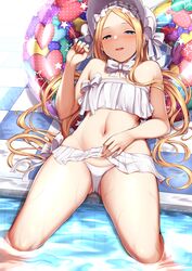  abigail_williams_(fate) abigail_williams_(swimsuit_foreigner)_(fate) abigail_williams_(swimsuit_foreigner)_(third_ascension)_(fate) absurdres bare_shoulders bikini blonde_hair blue_eyes blush bonnet bow breasts fate/grand_order fate_(series) female forehead hairbow hand_up highres innertube kusahagane long_hair looking_at_viewer lying navel on_back parted_bangs poolside sidelocks small_breasts smile soaking_feet stomach strapless strapless_bikini swim_ring swimsuit thighs very_long_hair wet white_bikini white_bow white_headwear 