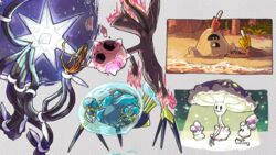  araquanid closed_mouth commentary_request dewpider evolutionary_line glowing highres minior morelull no_humans odo_7ta palossand pokemon pokemon_(creature) salazzle sand shiinotic shore signature smile water xurkitree 