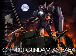  absurdres armor blue_eyes fire full_moon glowing glowing_eyes gundam gundam_00 gundam_00p gundam_astraea highres kinoshita_tomotake looking_at_viewer looking_down mecha moon night night_sky no_humans outstretched_arm robot ruins shield sky standing sword weapon 