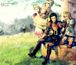  2boys 2girls black_hair blonde_hair boots chemist_(fft) day delita_heiral field final_fantasy final_fantasy_tactics flying grass knee_boots knee_pads kneeling monster mos multiple_boys multiple_girls outdoors photoshop_(medium) plant ramza_beoulve rock short_hair traditional_media white_mage_(final_fantasy) 