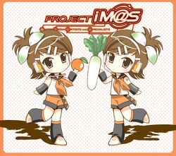  2girls bad_id bad_pixiv_id chibi cosplay daikon food fruit futami_ami futami_mami hair_ribbon headphones idolmaster idolmaster_(classic) idolmaster_1 kagamine_rin kagamine_rin_(cosplay) masuyama_kei multiple_girls orange_(fruit) painttool_sai_(medium) radish ribbon shimoda_asami short_hair siblings side_ponytail sisters twins vocaloid voice_actor_connection 