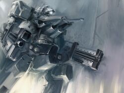  armored_core armored_core:_last_raven commentary_request gun highres mecha monochrome mozuo no_humans robot sorcerer_(armored_core) weapon 