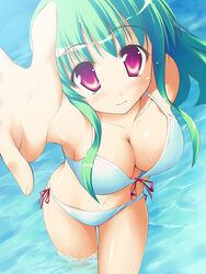  bikini breasts cleavage female foreshortening green_hair hands large_breasts long_hair midriff navel onsokuzekuu original outstretched_arm outstretched_hand photoshop_(medium) pink_eyes reaching red_eyes side-tie_bikini_bottom smile solo swimsuit wading water wet 