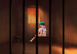  antenna_hair blue_hair bou_(inubou) female game_cg hakuryou_high_school_uniform leg_up muv-luv prison school_uniform short_hair sitting skirt socks solo sunset window yoroi_mikoto 