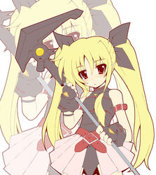  bad_id bad_pixiv_id bardiche_(device_form)_(nanoha) bardiche_(nanoha) blonde_hair blush fate_testarossa fate_testarossa_(original_form) female gloves lolicon long_hair lyrical_nanoha magical_girl mahou_shoujo_lyrical_nanoha red_eyes rikumaru showgirl_skirt solo thighhighs twintails very_long_hair 