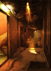  bad_id bad_pixiv_id cable copyright_request dilapidated dust hallway indoors light light_rays no_humans orange_theme photoshop_(medium) road scenery shade stairs street sunbeam sunlight trash_can urban vanishing_point yuanmaru 