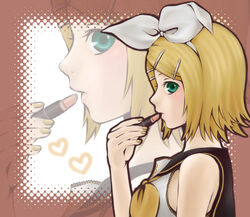  bad_id bad_pixiv_id blonde_hair ekuru_(pixiv618303) female green_eyes hair_ribbon heart kagamine_rin lipstick makeup ribbon solo vocaloid 