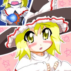  aged_down blonde_hair blush commentary_request eyes_visible_through_hair female gameplay_mechanics hat kirisame_marisa lowres mario_(series) myonde oekaki open_mouth parody solo star_(symbol) super_marisa_world touhou witch_hat yellow_eyes 