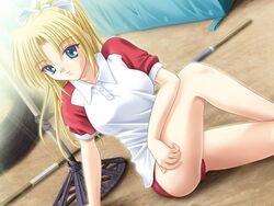  alma_~zutto_soba_ni...~ asamiya_kyou blonde_hair blue_eyes buruma dutch_angle female game_cg gym_uniform imageboard_desourced long_hair matra_milan non-web_source ponytail red_buruma sitting solo 