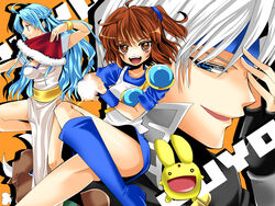  1boy 2girls arle_nadja blue_eyes blue_hair blue_headband blue_skirt boots brown_eyes brown_hair carbuncle_(puyopuyo) creature hand_fan headband knee_boots long_hair madou_monogatari minotaur minotaur_(puyopuyo) multiple_girls puyopuyo rulue_(puyopuyo) schezo_wegey short_hair skirt smile standing standing_on_one_leg white_hair yui_tooru 