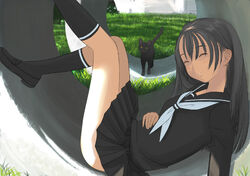  animal black_cat black_serafuku black_skirt black_socks brown_hair closed_eyes day feline female from_side grass hand_on_own_stomach kiriman_(souldeep) kneehighs legs_up loafers long_hair lying neckerchief on_back original outdoors parted_lips pleated_skirt school_uniform serafuku shade shoes skirt sleeping socks solo 