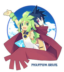  1boy :d antenna_hair arm_up ash_(phantom_brave) back-to-back bad_id bad_pixiv_id black_hair dress female looking_at_viewer marona_(phantom_brave) mugura open_mouth phantom_brave red_eyes scarf short_hair sidelocks smile upper_body wrist_cuffs 