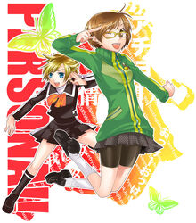  2girls bad_id bad_pixiv_id bike_shorts blonde_hair brown_hair fighting_stance glasses jacket jumping lisa_silverman multiple_girls one_eye_closed persona persona_2 persona_2_tsumi persona_4 satonaka_chie school_uniform seven_sisters_high_school_uniform short_hair skirt socks tomboy toriniku_(suikyou) track_jacket yellow-framed_eyewear 