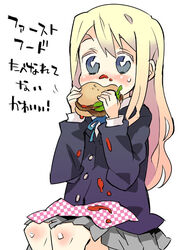  bad_id bad_pixiv_id blazer blonde_hair blue_eyes burger eating female food jacket k-on! ketchup kotobuki_tsumugi kuma_jet long_hair messy painttool_sai_(medium) sakuragaoka_high_school_uniform school_uniform sitting skirt solo translated winter_uniform 