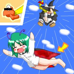  2girls antennae bar_censor barefoot blonde_hair blush_stickers bow cape censored chibi closed_eyes cloud commentary_request day flying green_hair hairbow hat hat_bow kirisame_marisa knee_blush lowres mario_(series) multiple_girls myonde no_pants oekaki parody super_koopa super_mario_world super_marisa_world tears touhou witch_hat wriggle_nightbug 