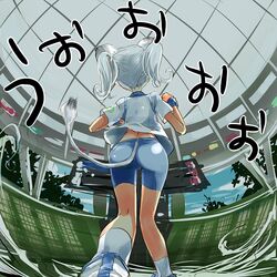  animal_ears ass bike_shorts commentary_request female fisheye lina_(seibu_lions) mofmof_(sousa) nippon_professional_baseball original saitama_seibu_lions solo tail white_hair 