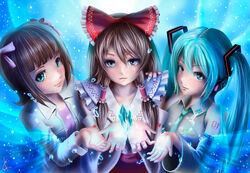  3girls amami_haruka aqua_hair blue_eyes blue_hair blunt_bangs brown_hair collared_shirt commentary_request crossover crystal detached_sleeves frilled_shirt_collar frills hair_tubes hakurei_reimu hatsune_miku idolmaster idolmaster_(classic) long_hair looking_at_viewer multiple_crossover multiple_girls poo_(saku) shirt touhou twintails upper_body vocaloid 