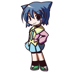  animal_ears bike_shorts bike_shorts_under_skirt blue_eyes blue_hair cat_ears chibi commentary_request female fictional_sister necktie pani_poni_dash! school_uniform serizawa_akane short_hair skirt solo 