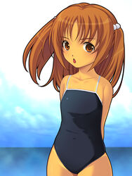  :&lt; bad_id bad_pixiv_id bare_shoulders brown_eyes brown_hair collarbone female flat_chest hair_bobbles hair_ornament minami-ke ocean one-piece_swimsuit open_mouth solo swimsuit two_side_up uchida_yuka yoko_jyusuke 