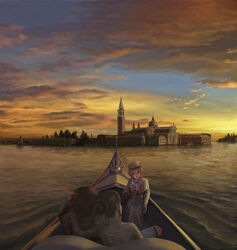  1boy 2girls aria_(manga) aria_company_uniform boat camera capelet cityscape cloud commentary dress english_commentary evokid flower hat highres long_dress long_sleeves mizunashi_akari multiple_girls photoshop_(medium) pink_hair san_giorgio_maggiore scenery sky sunset venice watercraft white_capelet white_dress 