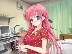  bedroom blue_eyes blush braid female game_cg half_updo happoubi_jin imageboard_desourced indoors kanojo_x_kanojo_x_kanojo long_hair non-web_source orifushi_akina pink_hair polka_dot solo 