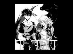  1boy cleo_everlastin commentary_request female greyscale headband majutsushi_orphen monochrome orphen short_hair yuuki_(yuuki333) 