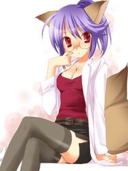  animal_ears belt blue_hair blush breasts cleavage commentary_request female fox_(trickster) fox_ears fox_tail glasses lab_coat medium_breasts miniskirt mofmof_(sousa) pencil_skirt purple_hair red_eyes short_hair sitting skirt solo tail thighhighs trickster_(ntreev_soft) zettai_ryouiki 