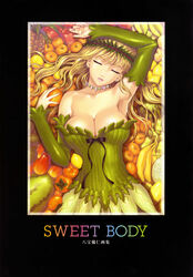  apple armpits artbook avocado banana bare_shoulders berry blonde_hair breasts cantaloupe cleavage closed_eyes corset detached_sleeves dress earrings elbow_gloves facing_viewer female food fruit gloves grapes green_dress happoubi_jin headband highres jewelry large_breasts leaf lemon long_hair looking_up lying mango nashi_pear necklace orange_(fruit) original papaya pear persimmon photoshop_(medium) pineapple purple_eyes solo starfruit strawberry text_focus watermelon 