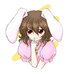  animal_ears brown_hair eku female finger_to_mouth highres inaba_tewi jewelry necklace puffy_short_sleeves puffy_sleeves rabbit_ears red_eyes scheming short_hair short_sleeves smile solo touhou upper_body 