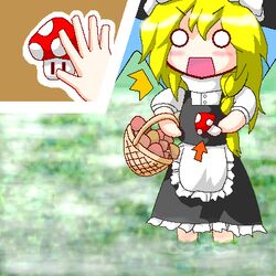  blonde_hair blush chibi commentary_request female giant giantess kirisame_marisa lowres mario_(series) mushroom myonde no_nose o_o oekaki open_mouth parody solo super_marisa_world super_mushroom touhou water 