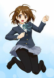  brown_eyes brown_hair commentary_request feet female hirasawa_yui jumping k-on! open_mouth panties panties_under_pantyhose pantyhose pantyshot peter_(gvb) round_teeth sakuragaoka_high_school_uniform school_uniform short_hair solo teeth underwear upskirt winter_uniform 