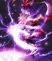  commentary_request female frills glaring hands hat hat_ribbon light lightning looking_at_viewer nagae_iku purple_hair red_eyes ribbon serious shawl shirosa short_hair solo touhou 