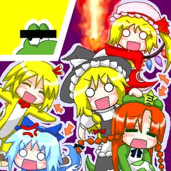  5girls :d =_= ^_^ anger_vein bar_censor beret blonde_hair blue_hair censored cirno closed_eyes commentary_request costume flandre_scarlet hat hong_meiling kirisame_marisa looking_at_viewer lowres mario_(series) multiple_girls myonde o_o oekaki open_mouth parody parted_bangs red_hair rumia smile star_(symbol) super_mario_world super_marisa_world touhou witch_hat yoshi 