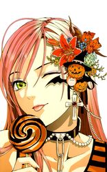  :p akashiya_moka artist_request bat_(animal) beads candy chains choker cross female flower food food-themed_hair_ornament green_eyes hair_flower hair_ornament halloween hat highres jack-o&#039;-lantern lollipop long_hair nazo_koumori one_eye_closed pink_hair pumpkin pumpkin_hair_ornament rosario+vampire solo striped swirl_lollipop tongue tongue_out white_background witch_hat 