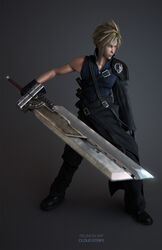  1boy 3d blonde_hair cloud_strife final_fantasy final_fantasy_vii final_fantasy_vii_advent_children fusion_swords gloves highres huge_weapon male_focus scarf solo sword weapon wen_jr 