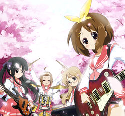  4girls :3 ahoge akiyama_mio aruru_no_zaki band bass_guitar cherry_blossoms commentary_request cosplay drum drum_set electric_guitar glasses guitar hair_ribbon hiiragi_kagami hiiragi_kagami_(cosplay) hiiragi_tsukasa hiiragi_tsukasa_(cosplay) hirasawa_yui instrument izumi_konata izumi_konata_(cosplay) k-on! keyboard_(instrument) kotobuki_tsumugi long_hair lucky_star multiple_girls neckerchief photoshop_(medium) red_neckerchief ribbon ryouou_school_uniform school_uniform serafuku synthesizer tainaka_ritsu takara_miyuki takara_miyuki_(cosplay) 