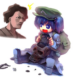  +_+ 1boy akutagawa_ryuunosuke backpack bad_id bad_pixiv_id bag blue_eyes blue_hair crossover female hair_bobbles hair_ornament hat kawashiro_nitori short_hair t-800 takeda_kanryuusai terminator_(series) the_terminator touhou twintails two_side_up 