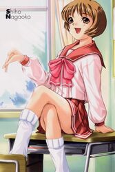  brown_eyes brown_hair desk female highres kannuki_yoake kawata_hisashi nagaoka_shiho on_desk scan school_desk school_uniform sitting solo to_heart to_heart_(series) 