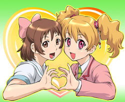  2girls 4-fingers_heart_hands :d aoi_minamo blonde_hair bow brown_eyes brown_hair commentary_request crossover eyelashes fresh_precure! heart heart_hands heart_hands_duo momozono_love multiple_girls oki_kanae open_mouth pink_bow pink_eyes pink_scrunchie precure public_yotsuba_middle_school_uniform real_drive school_uniform scrunchie short_twintails smile twintails ueyama_michirou voice_actor_connection 