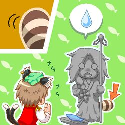  2girls animal_ears brown_hair cat_ears chen chibi commentary_request earrings jewelry kirisame_marisa lowres mario_(series) multiple_girls myonde oekaki parody raccoon_tail single_earring statue super_marisa_world tail tanuki tanuki_suit touhou 